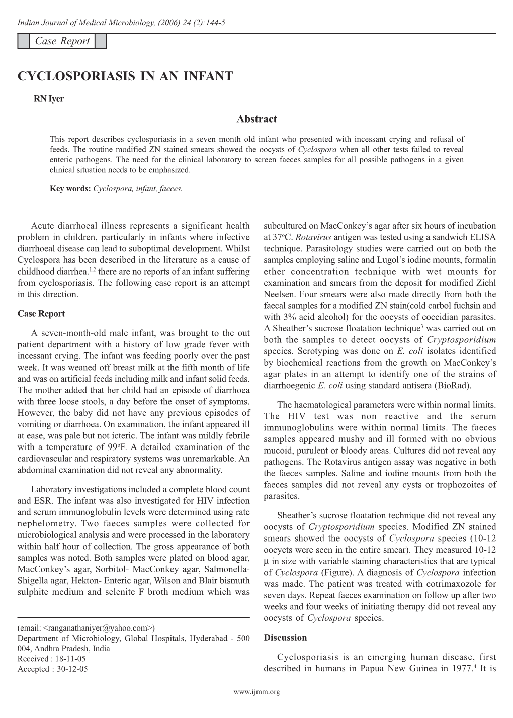 Cyclosporiasis in an Infant