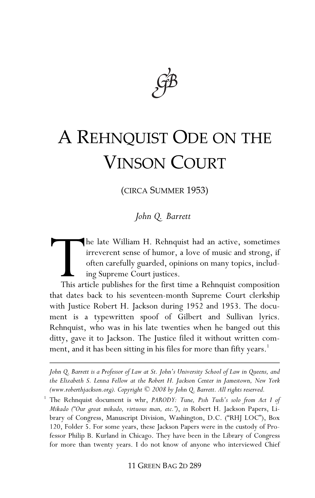 A Rehnquist Ode on the Vinson Court