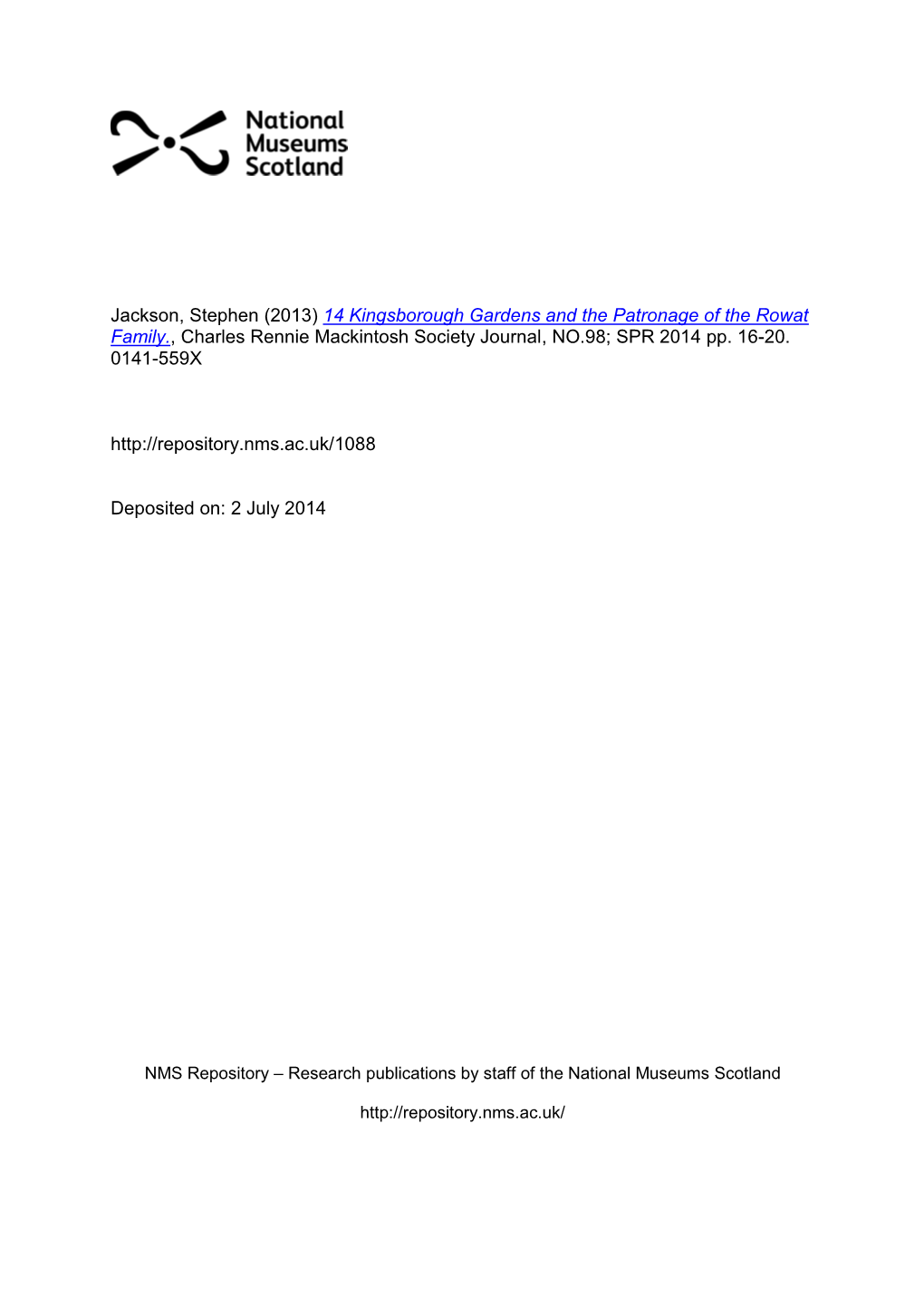 14 Kingsborough Gardens and the Patronage of the Rowat Family., Charles Rennie Mackintosh Society Journal, NO.98; SPR 2014 Pp