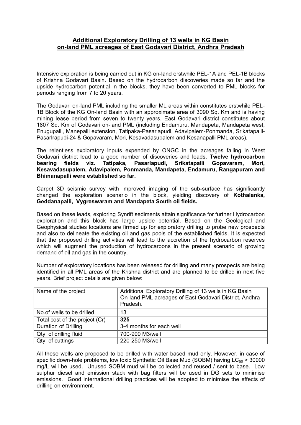 Additional Exploratory Drilling of 13 Wells in KG Basin On-Land PML Acreages of East Godavari District, Andhra Pradesh