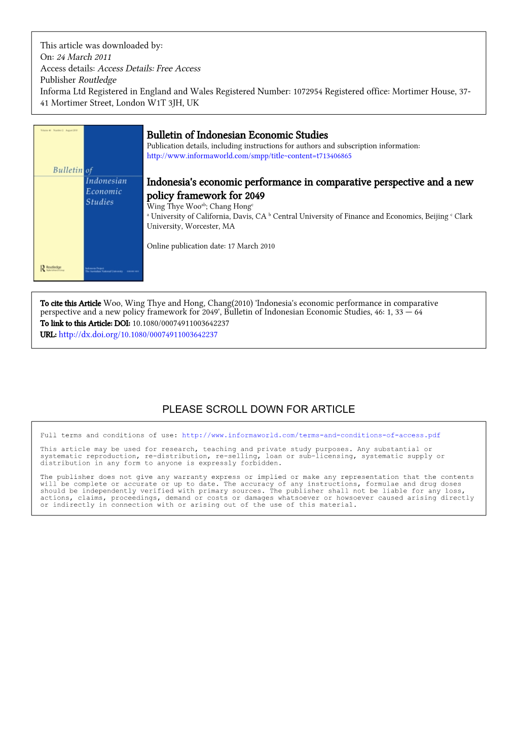 Bulletin of Indonesian Economic Studies Indonesia's Economic