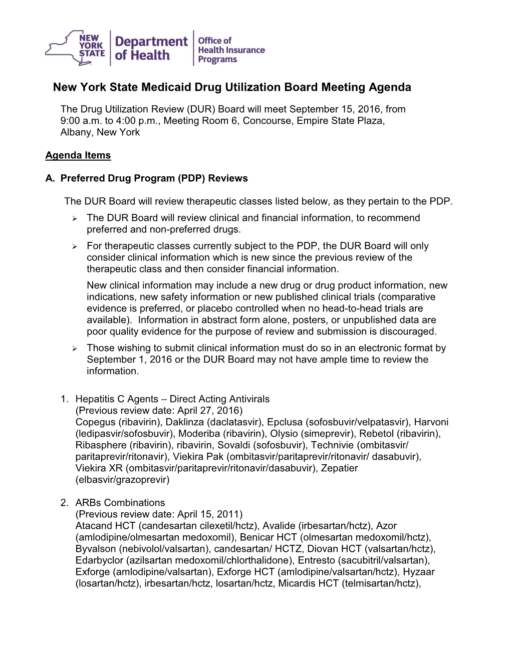 New York State Medicaid Drug Utilization Board Meeting Agenda