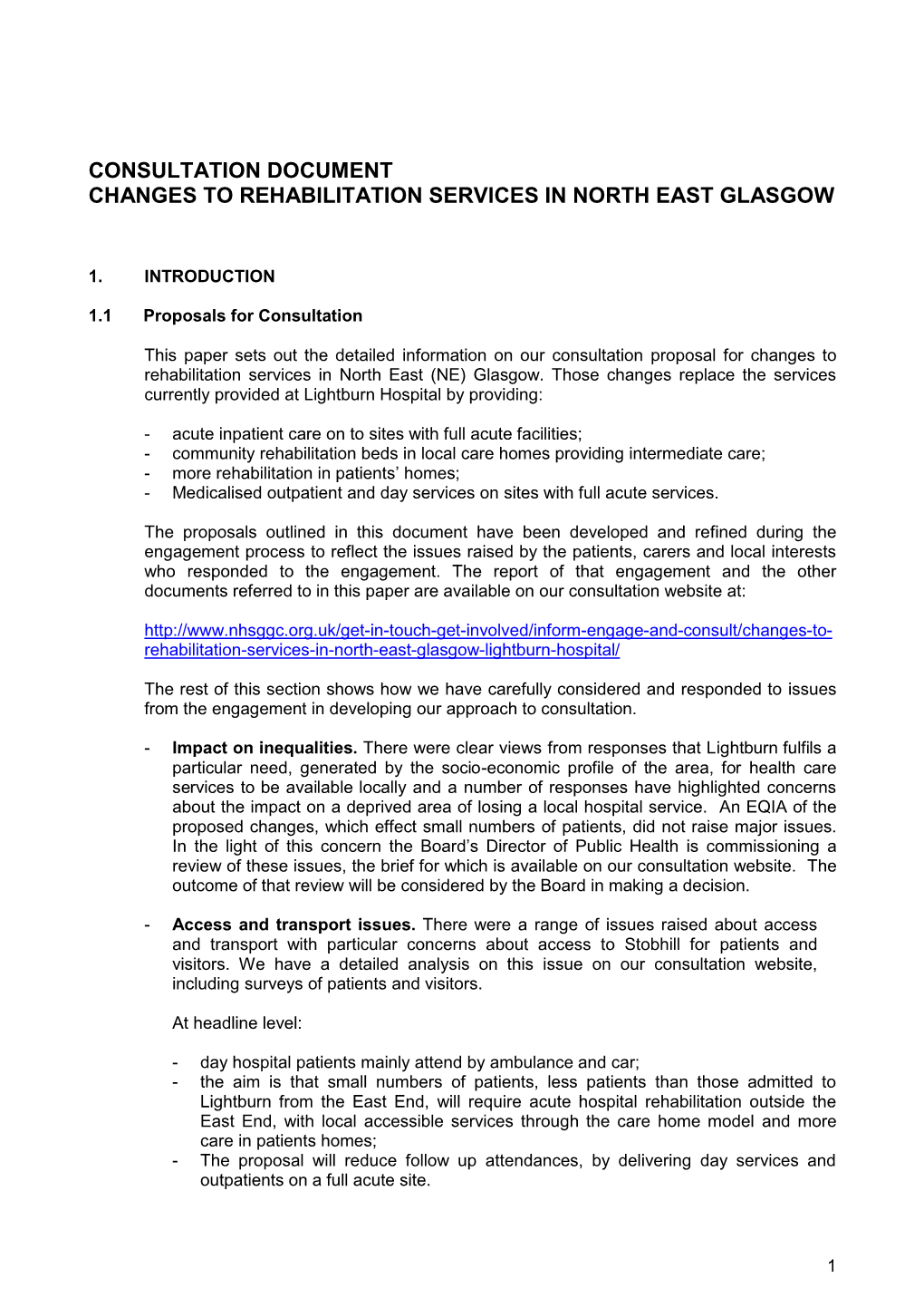 Consultation Document Changes to Rehabilitation Services in North East Glasgow