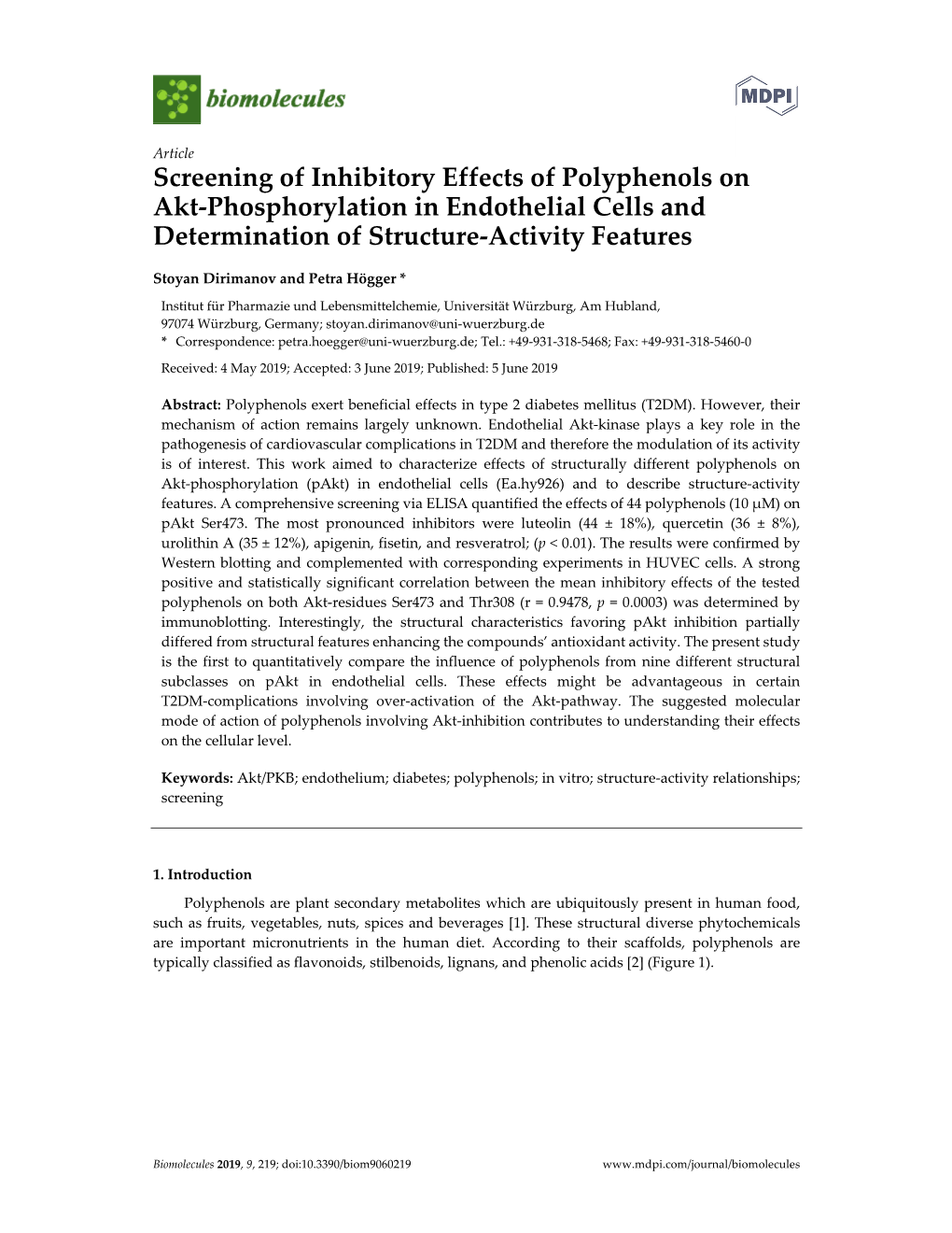 Screening of Inhibitory Effects of Polyphenols on Akt‐Phosphorylation in Endothelial Cells and Determination of Structure‐Activity Features