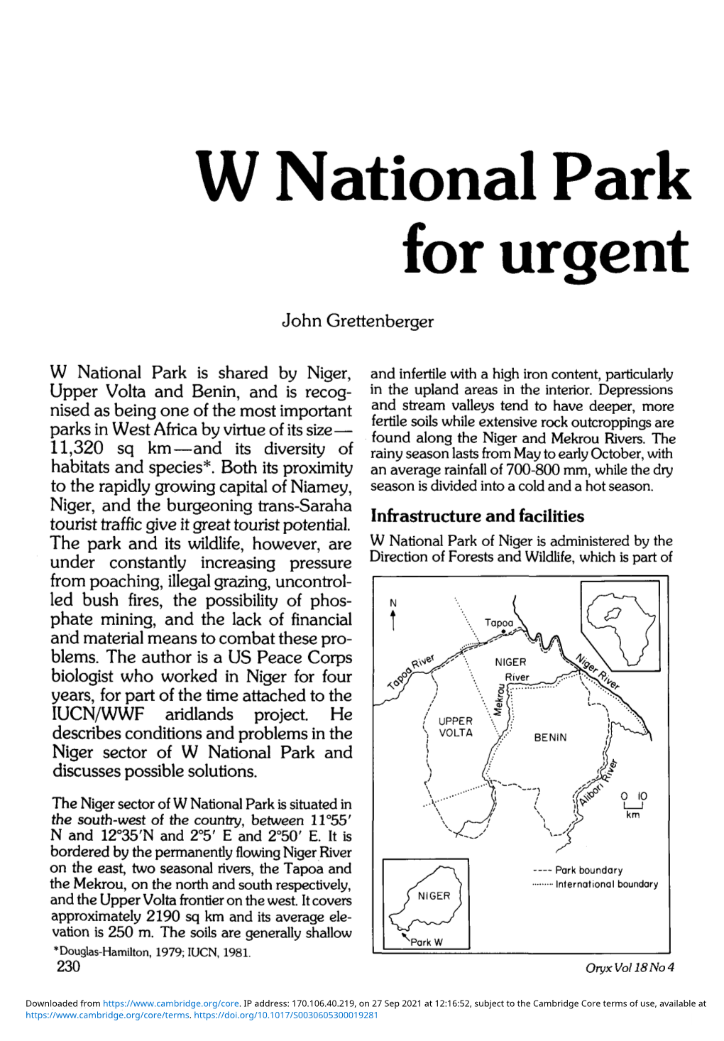 W National Park in Niger—A Case for Urgent Assistance