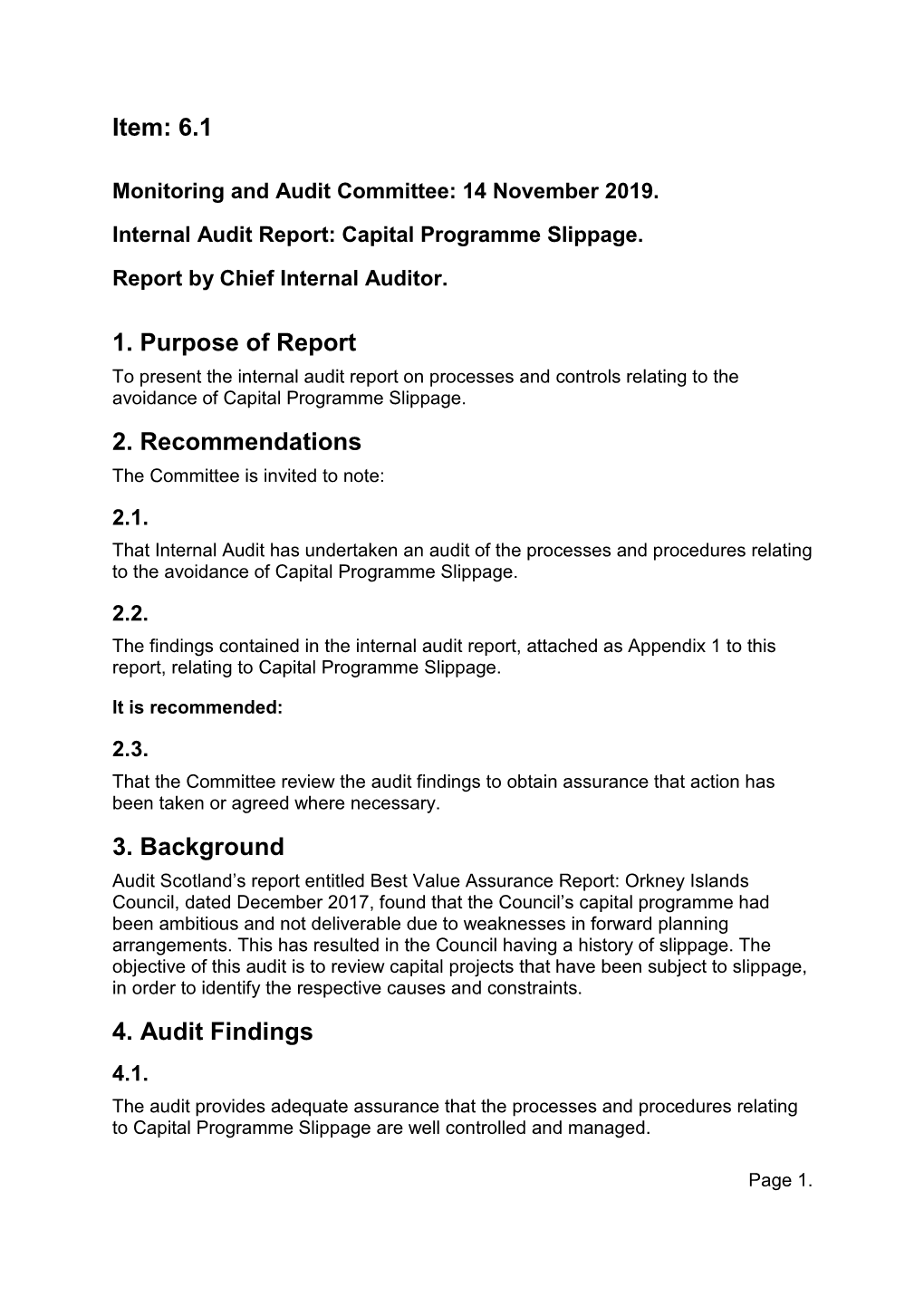 Internal Audit Report: Capital Programme Slippage