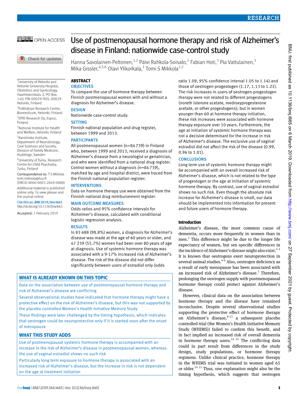 Use of Postmenopausal Hormone Therapy and Risk of Alzheimer’S BMJ: First Published As 10.1136/Bmj.L665 on 6 March 2019