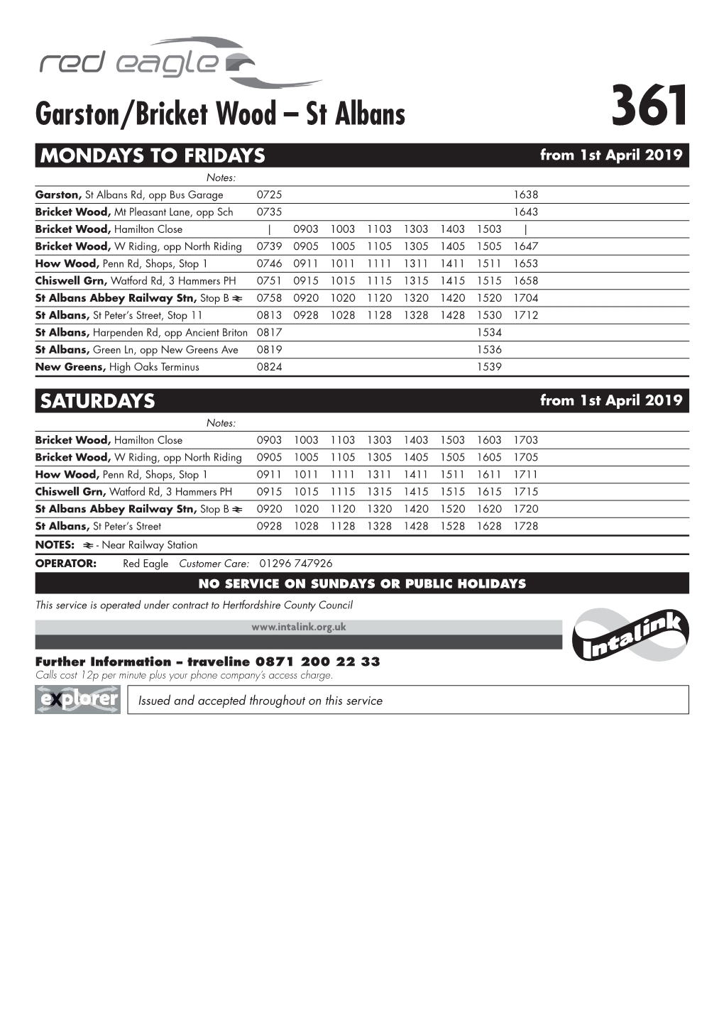 Garston/Bricket Wood – St Albans 361 MONDAYS to FRIDAYS from 1St April 2019