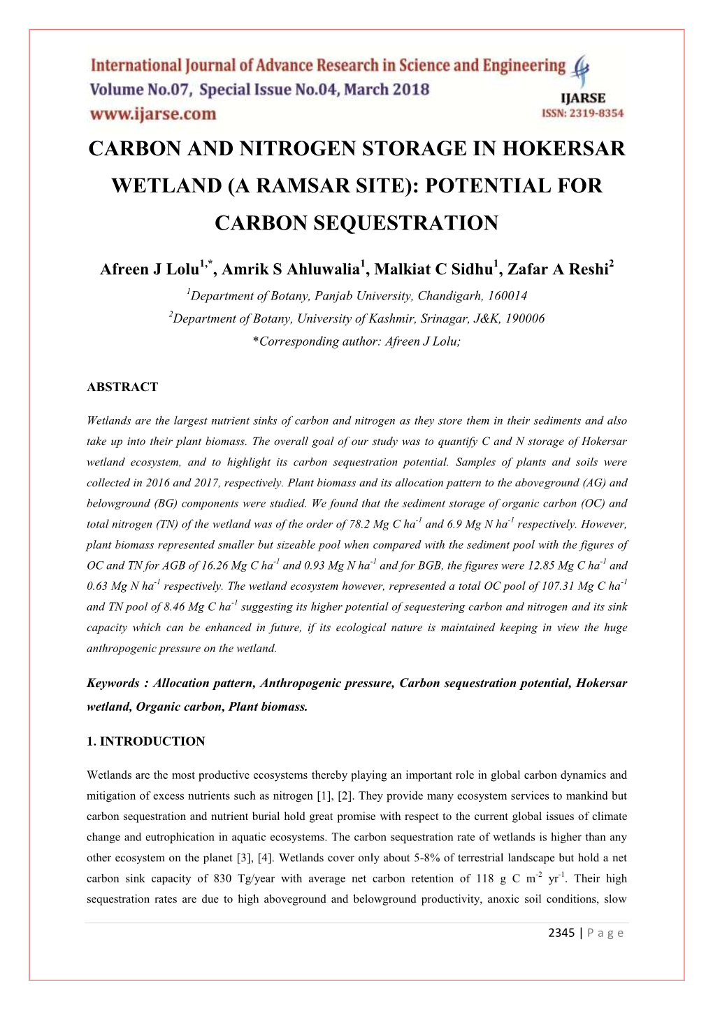 Carbon and Nitrogen Storage in Hokersar Wetland (A Ramsar Site): Potential for Carbon Sequestration