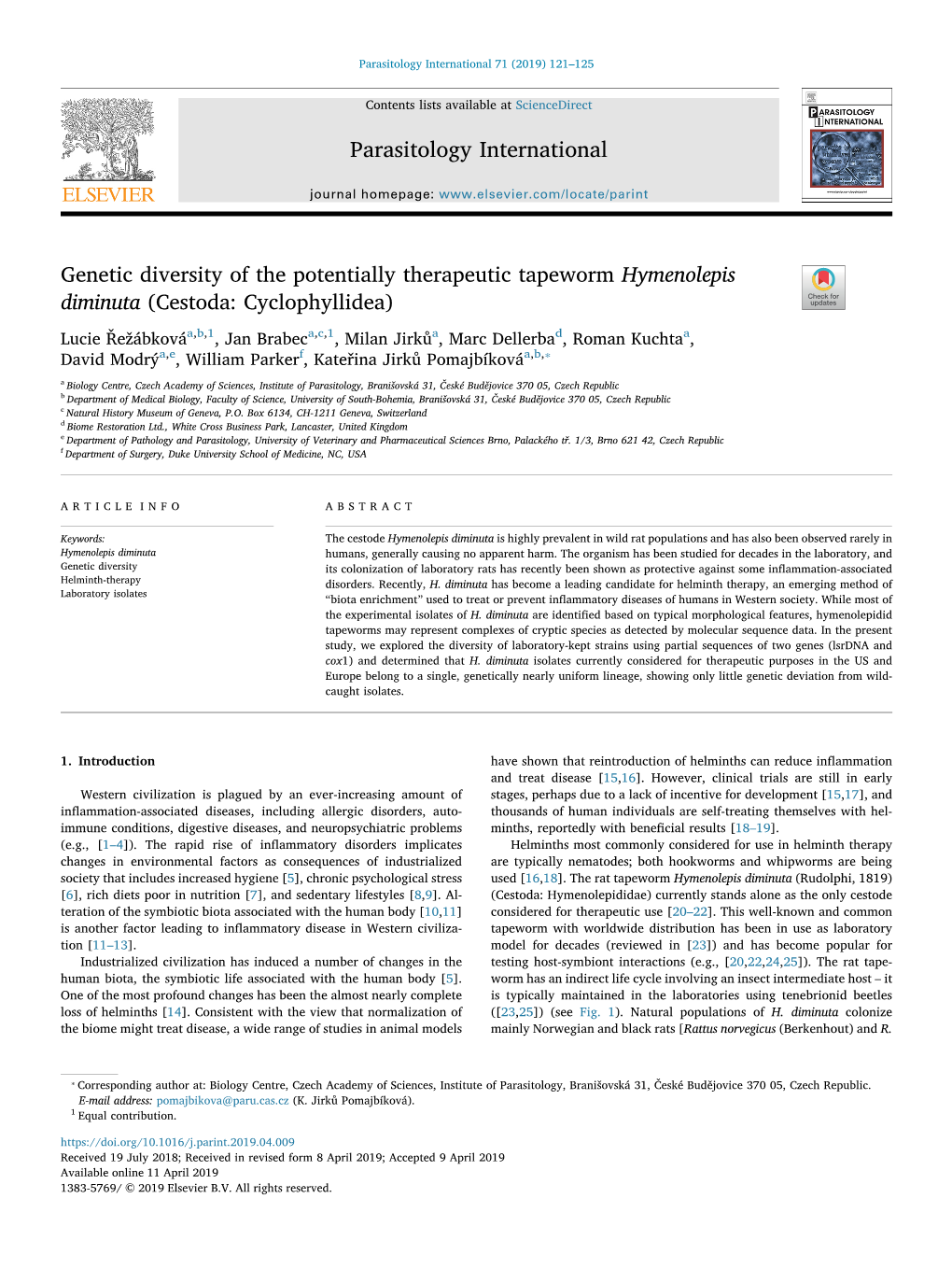 Genetic Diversity of the Potentially Therapeutic Tapeworm Hymenolepis Diminuta (Cestoda: Cyclophyllidea) T