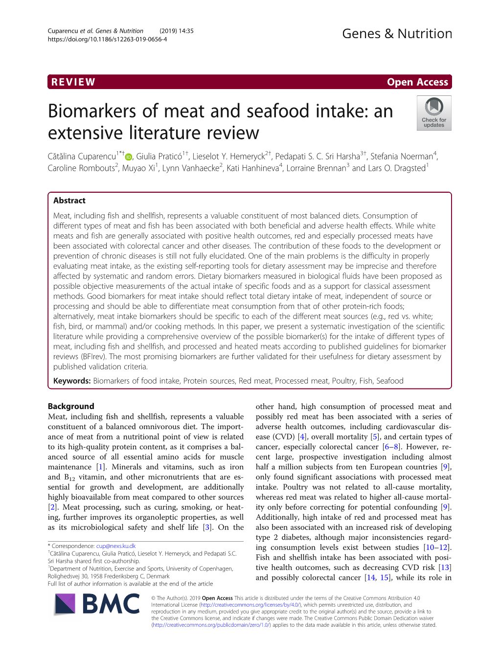 Biomarkers of Meat and Seafood Intake: an Extensive Literature Review Cătălina Cuparencu1*† , Giulia Praticó1†, Lieselot Y