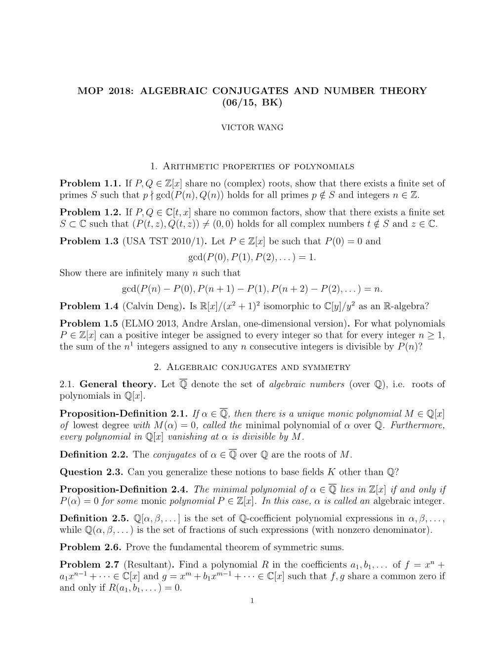 Mop 2018: Algebraic Conjugates and Number Theory (06/15, Bk)