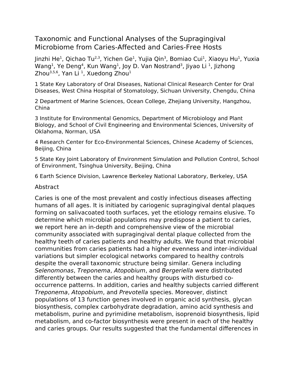 Taxonomic and Functional Analyses of the Supragingival Microbiome from Caries-Affected and Caries-Free Hosts