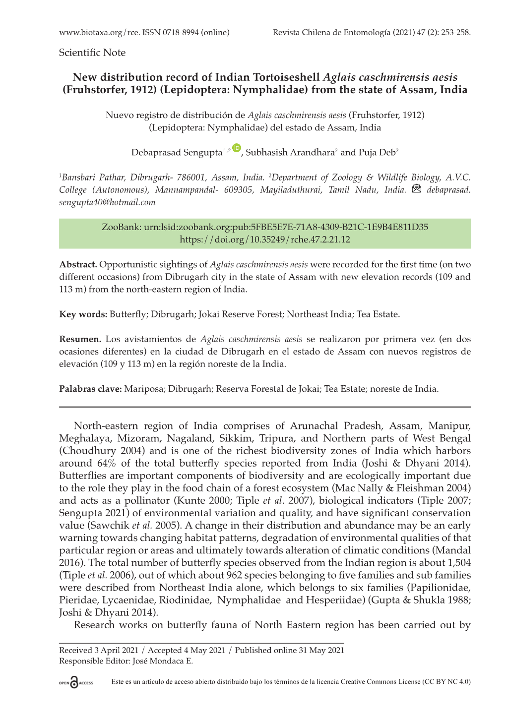 New Distribution Record of Indian Tortoiseshell Aglais Caschmirensis Aesis (Fruhstorfer, 1912) (Lepidoptera: Nymphalidae) from the State of Assam, India