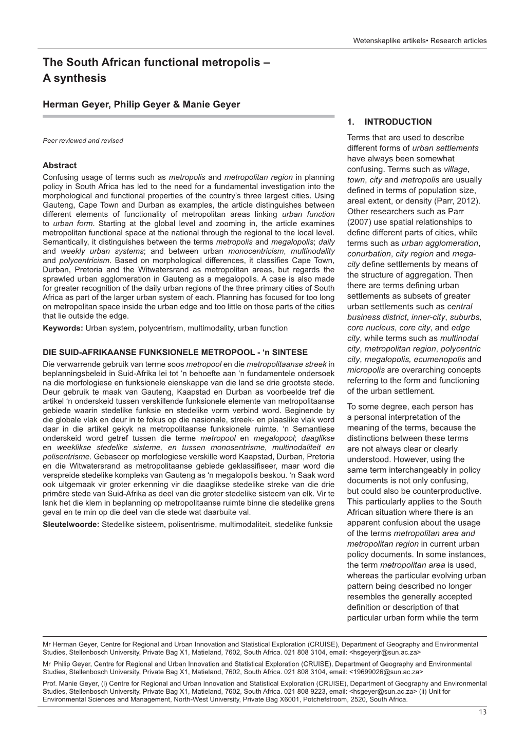 The South African Functional Metropolis – a Synthesis