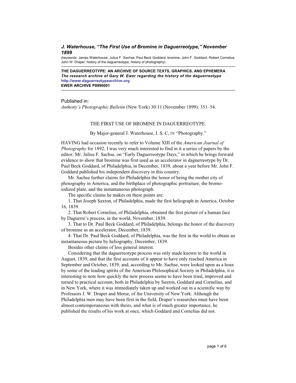 J. Waterhouse, “The First Use of Bromine in Daguerreotype,” November 1899 (Keywords: James Waterhouse, Julius F