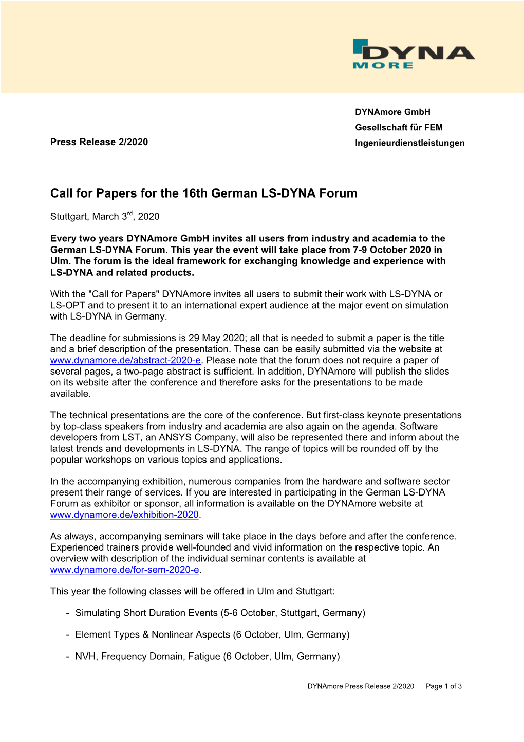 Call for Papers for the 16Th German LS-DYNA Forum