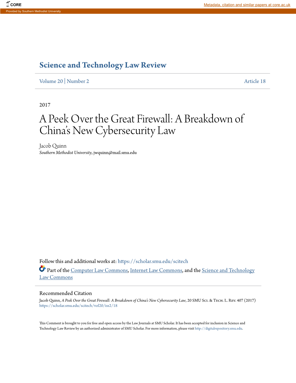 A Peek Over the Great Firewall: a Breakdown of Chinaâ•Žs New Cybersecurity