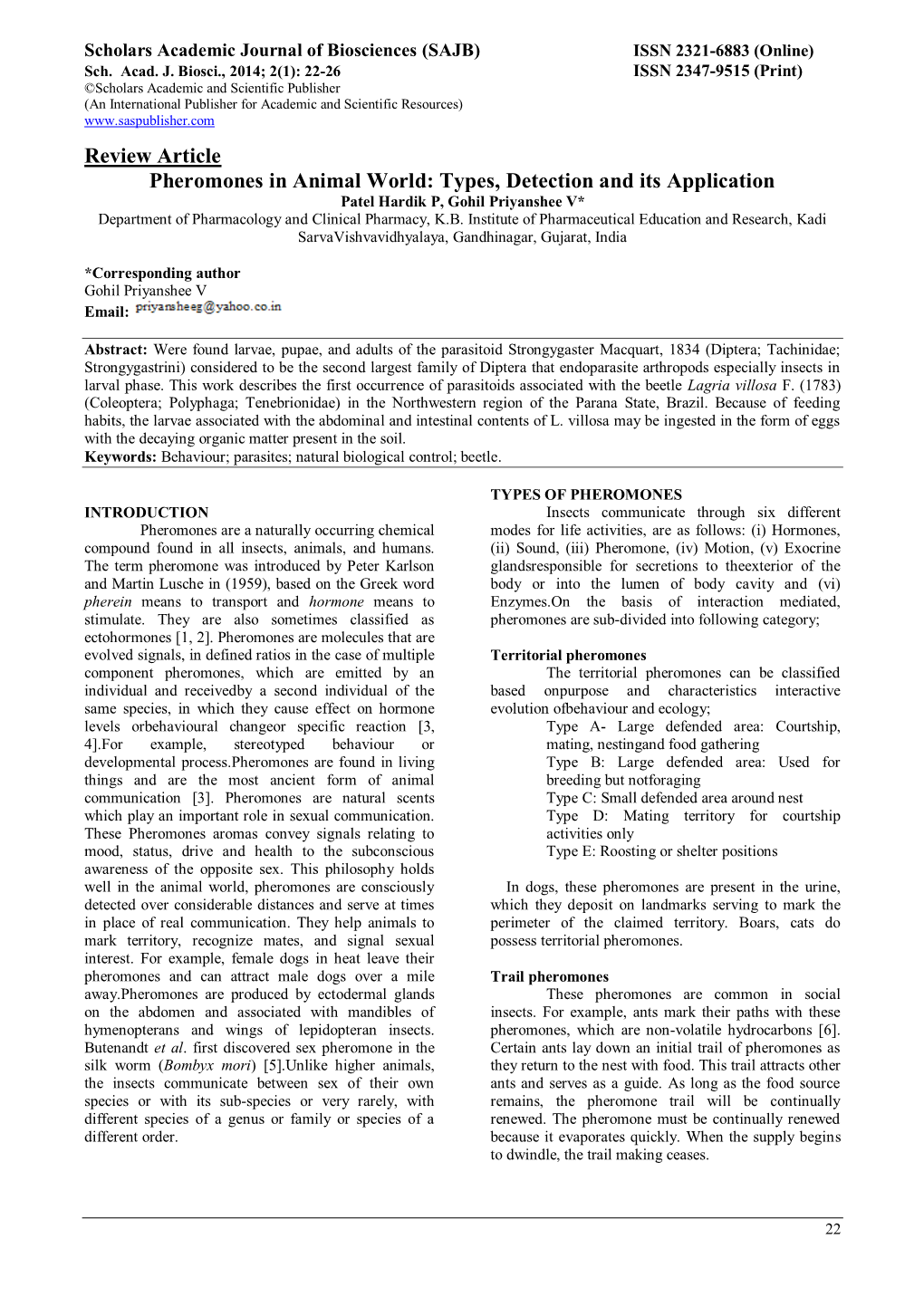 Review Article Pheromones in Animal World: Types, Detection and Its