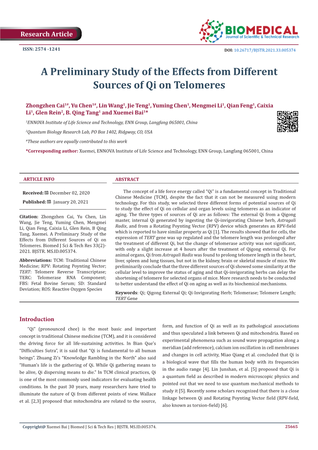 A Preliminary Study of the Effects from Different Sources of Qi on Telomeres