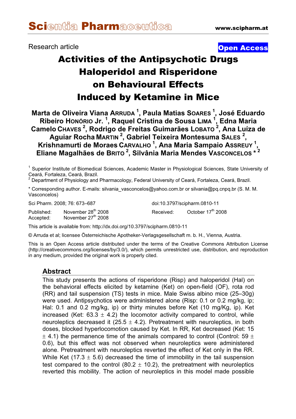 Activities of the Antipsychotic Drugs Haloperidol and Risperidone on Behavioural Effects Induced by Ketamine in Mice