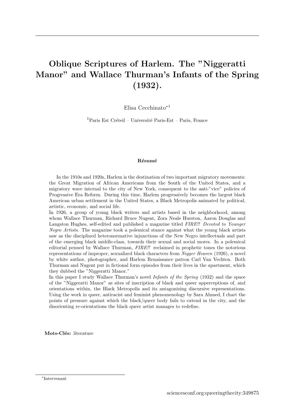 And Wallace Thurman's Infants of the Spring