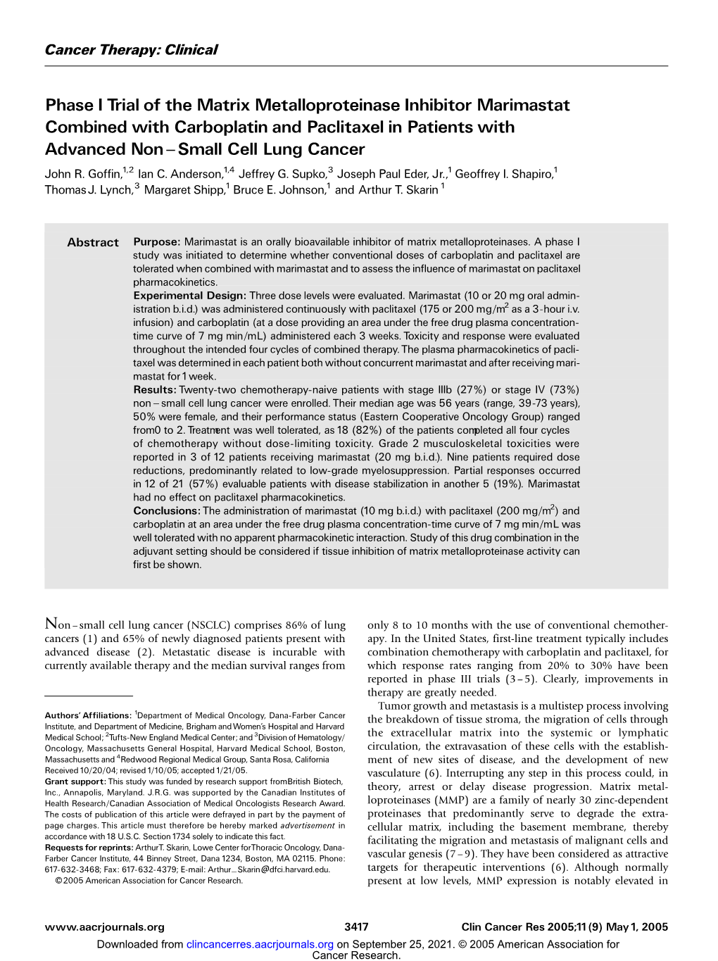 Phase I Trial of the Matrix Metalloproteinase Inhibitor Marimastat Combined with Carboplatin and Paclitaxel in Patients with Advanced Non−Small Cell Lung Cancer