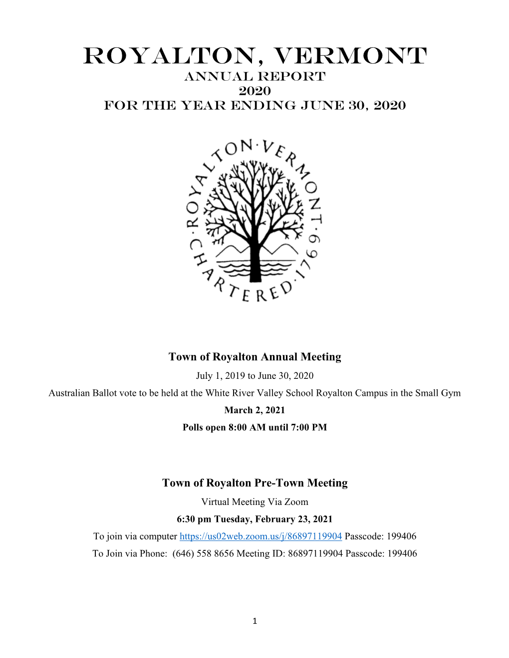 Royalton, Vermont Annual Report 2020 for the Year Ending June 30, 2020