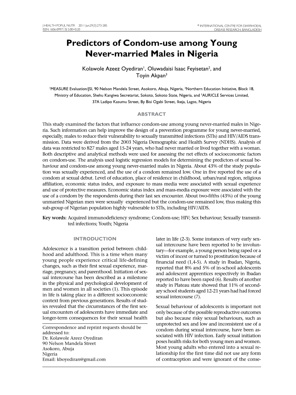 Predictors of Condom-Use Among Young Never-Married Males in Nigeria