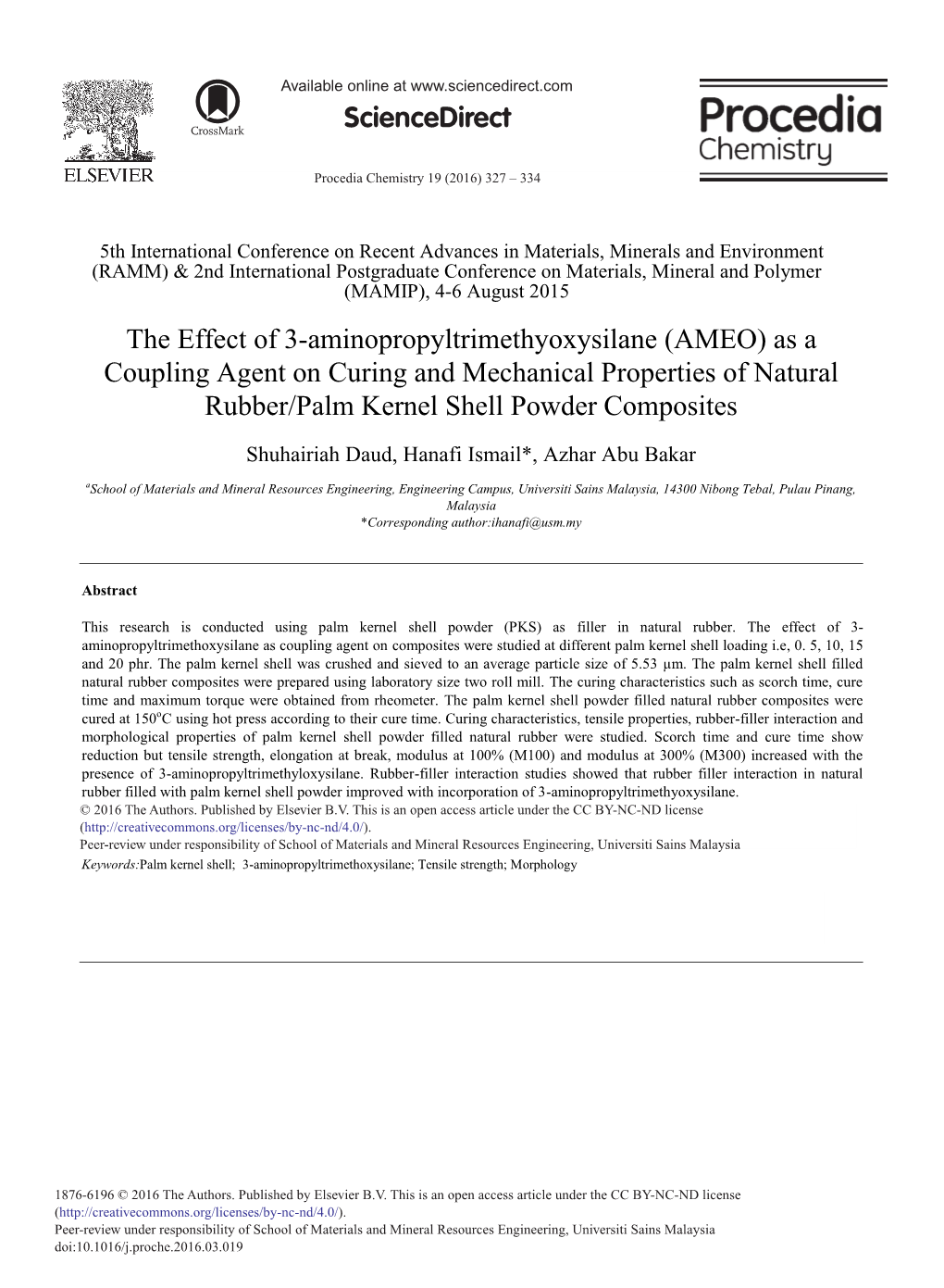 (AMEO) As a Coupling Agent on Curing and Mechanical Properties of Natural Rubber/Palm Kernel Shell Powder Composites