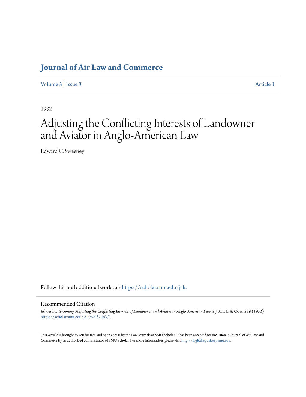 Adjusting the Conflicting Interests of Landowner and Aviator in Anglo-American Law Edward C