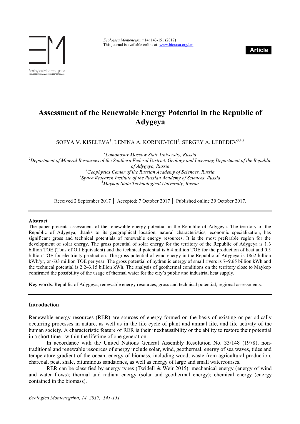 Assessment of the Renewable Energy Potential in the Republic of Adygeya