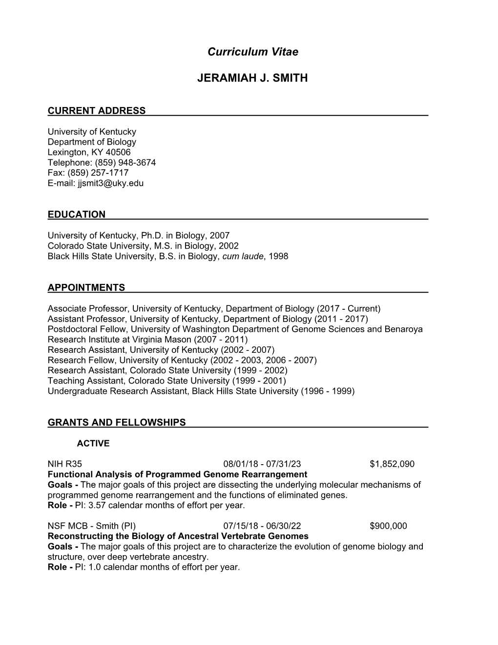 Curriculum Vitae JERAMIAH J. SMITH