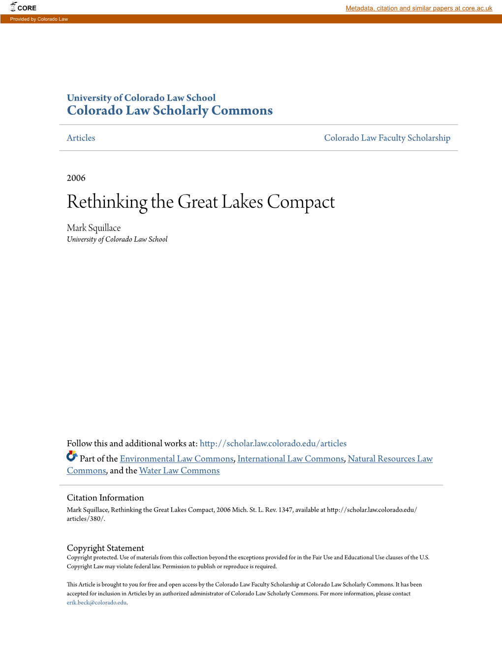 Rethinking the Great Lakes Compact Mark Squillace University of Colorado Law School