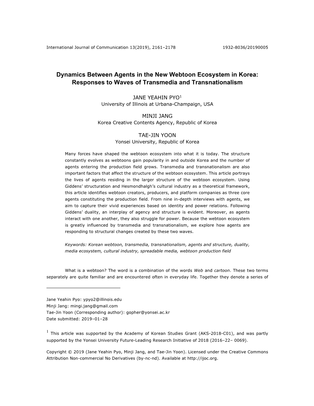 Dynamics Between Agents in the New Webtoon Ecosystem in Korea: Responses to Waves of Transmedia and Transnationalism