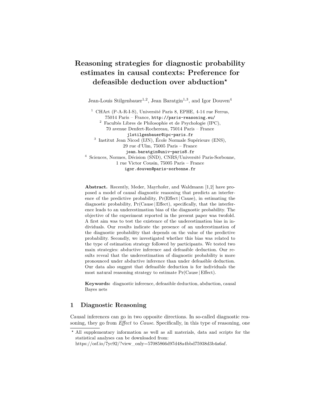 Reasoning Strategies for Diagnostic Probability Estimates in Causal Contexts: Preference for Defeasible Deduction Over Abduction?