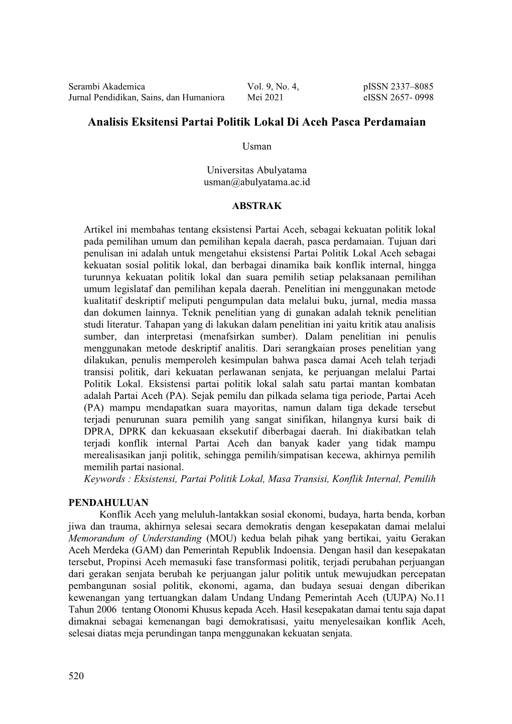 Analisis Eksitensi Partai Politik Lokal Di Aceh Pasca Perdamaian