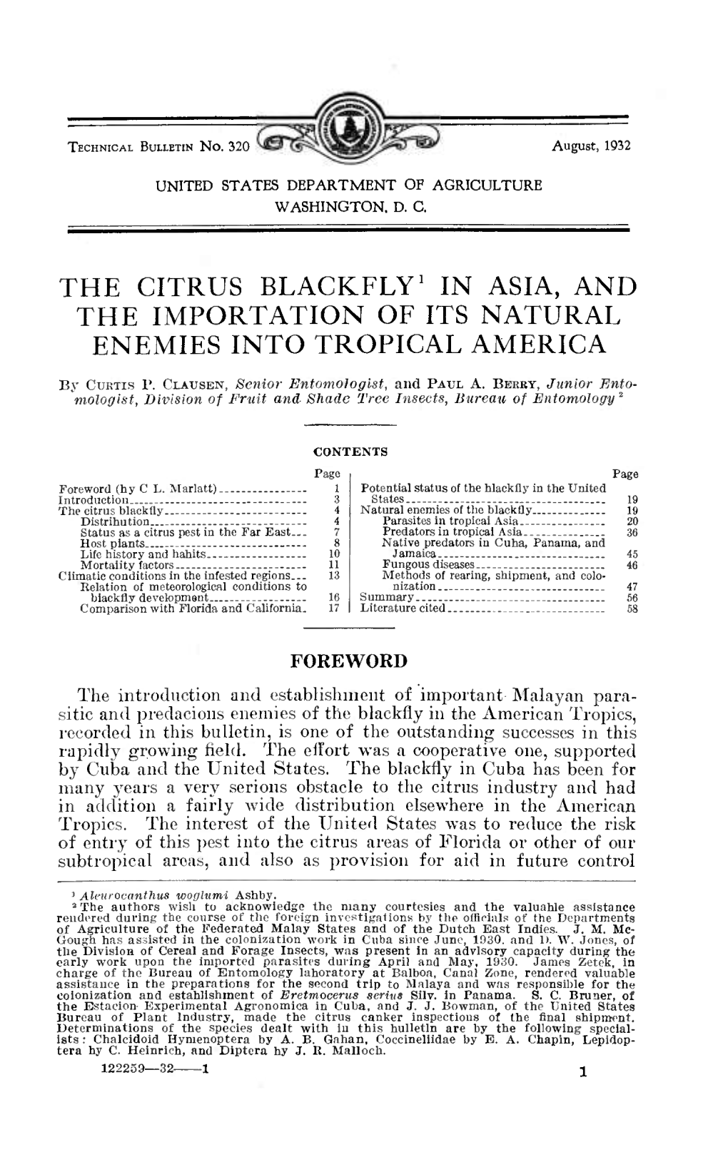 The Citrus Blackfly' in Asia, and the Importation of Its Natural Enemies Into Tropical America