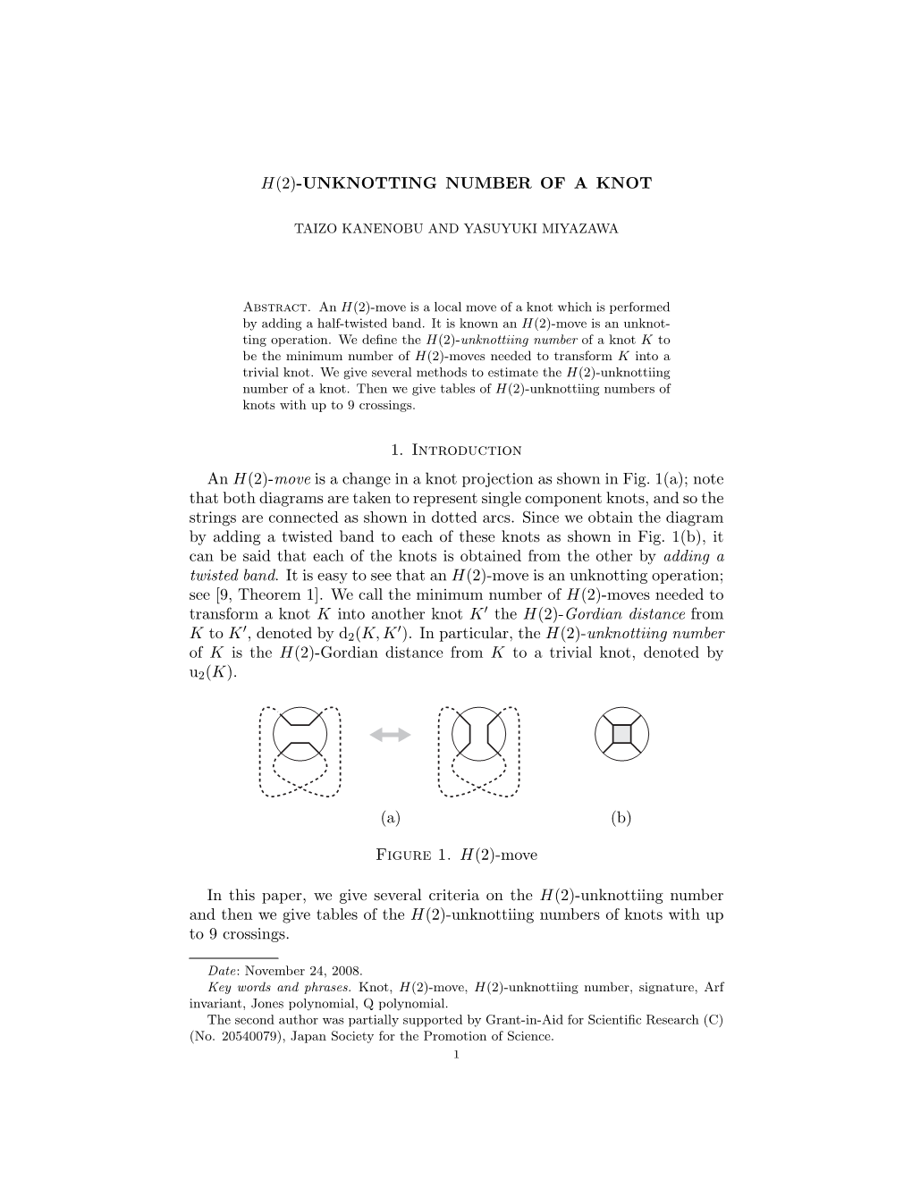 UNKNOTTING NUMBER of a KNOT 1. Introduction an H(2)