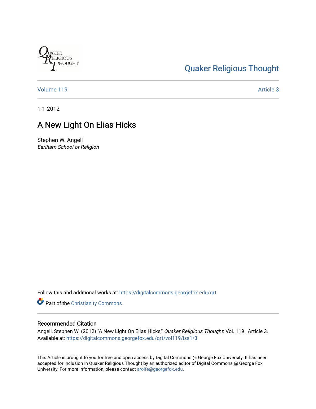 A New Light on Elias Hicks