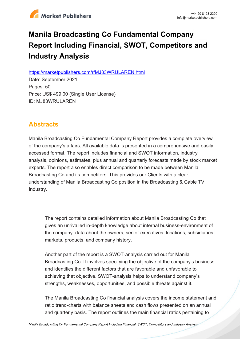 Manila Broadcasting Co Fundamental Company Report Including