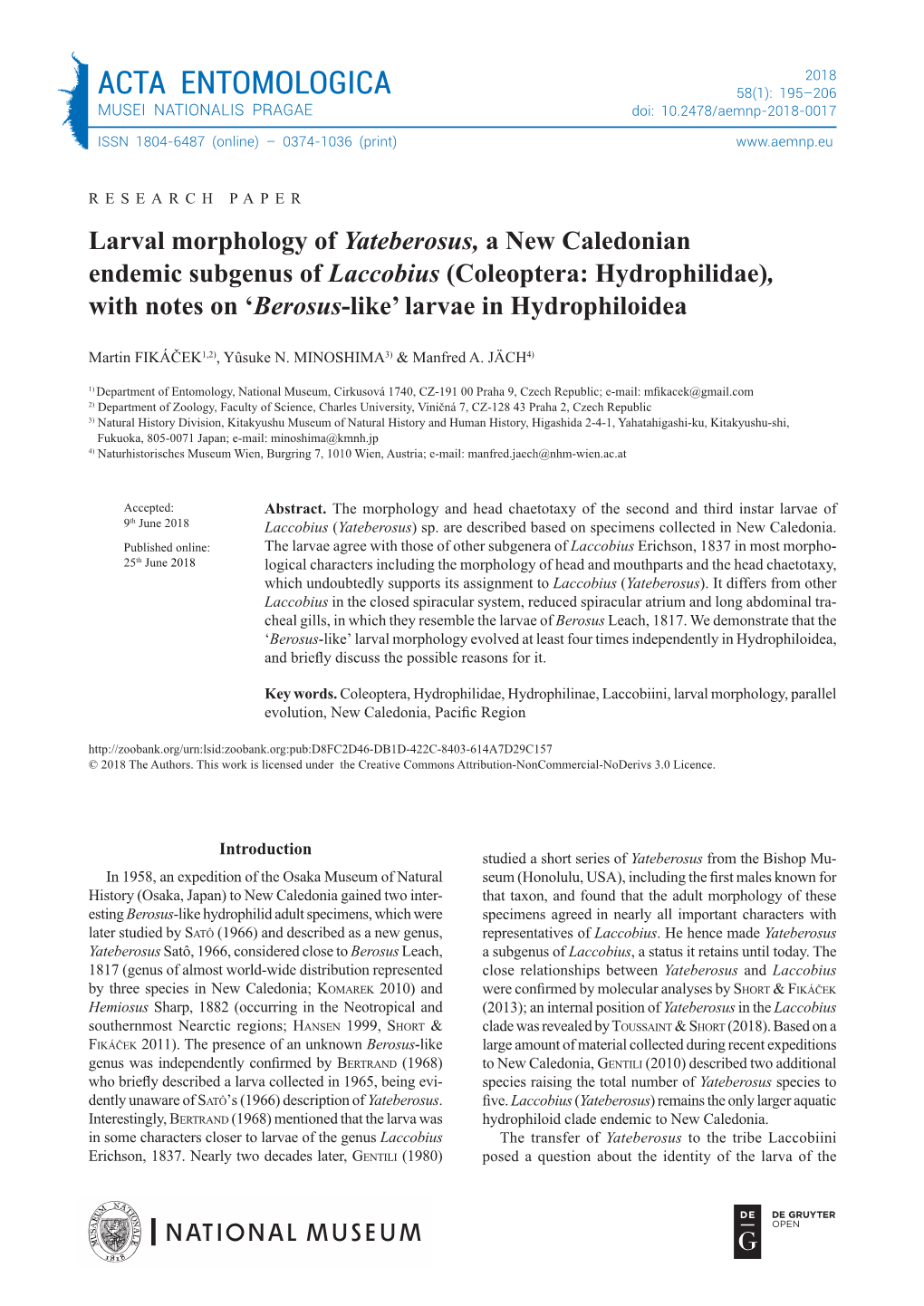 Coleoptera: Hydrophilidae), with Notes on ‘Berosus-Like’ Larvae in Hydrophiloidea