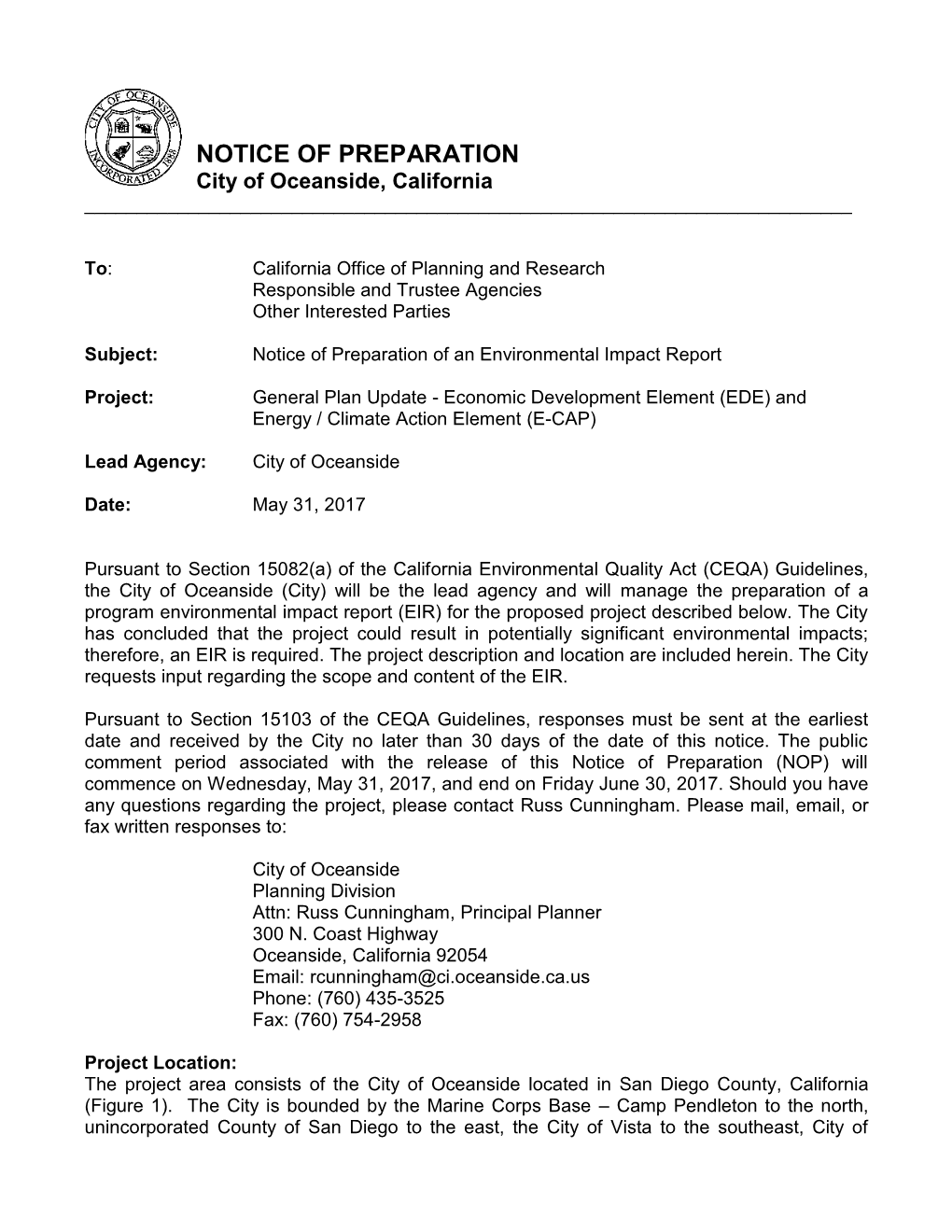 NOTICE of PREPARATION City of Oceanside, California ______