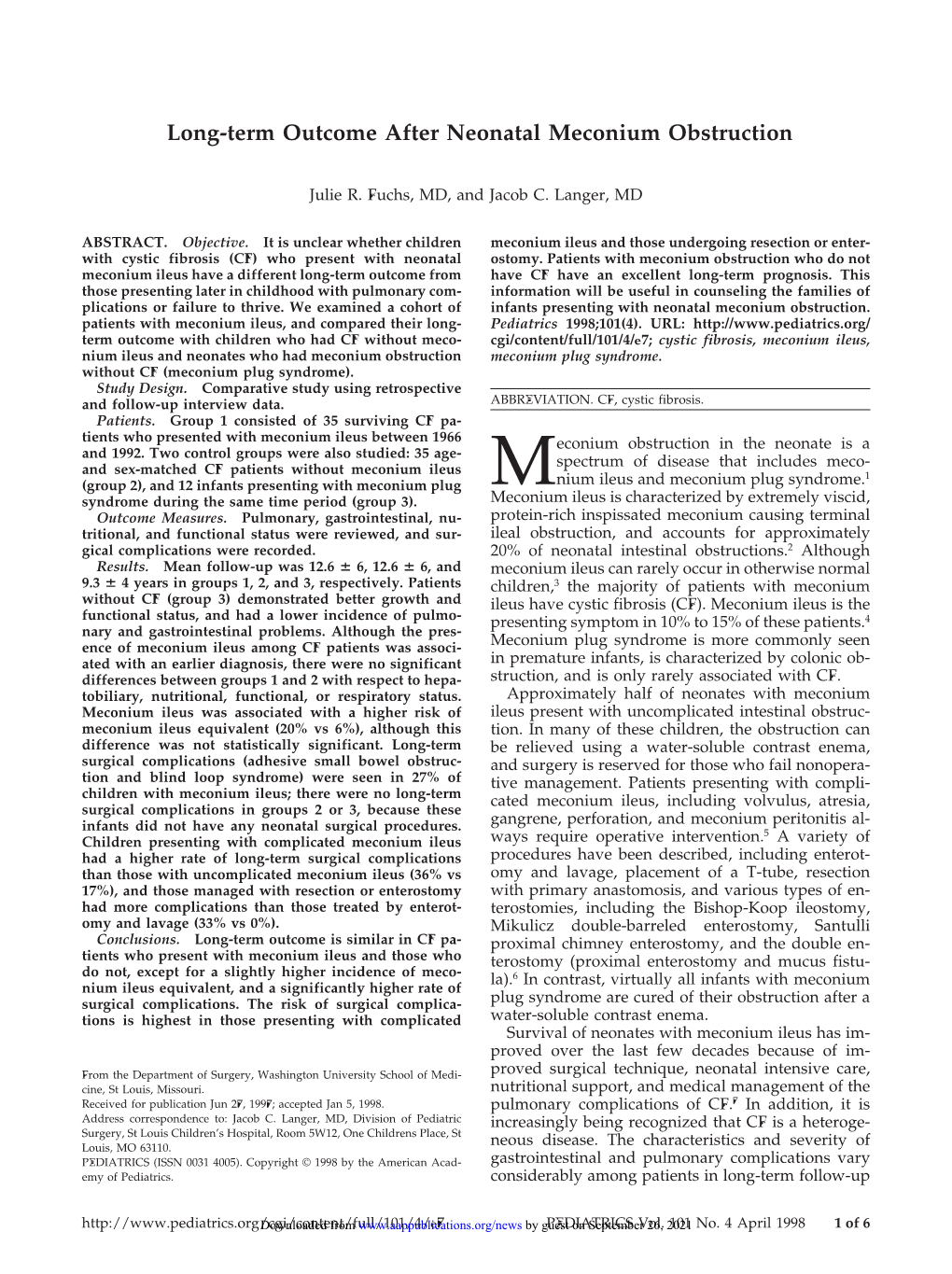 Long-Term Outcome After Neonatal Meconium Obstruction