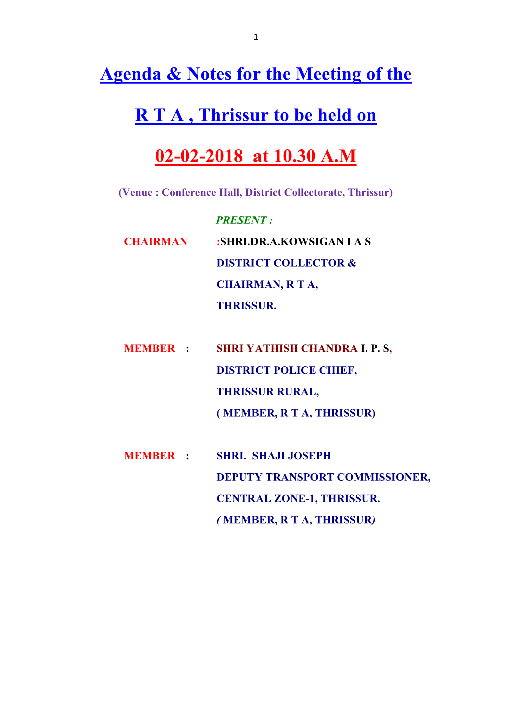 Agenda & Notes for the Meeting of the R T a , Thrissur to Be Held on 02-02