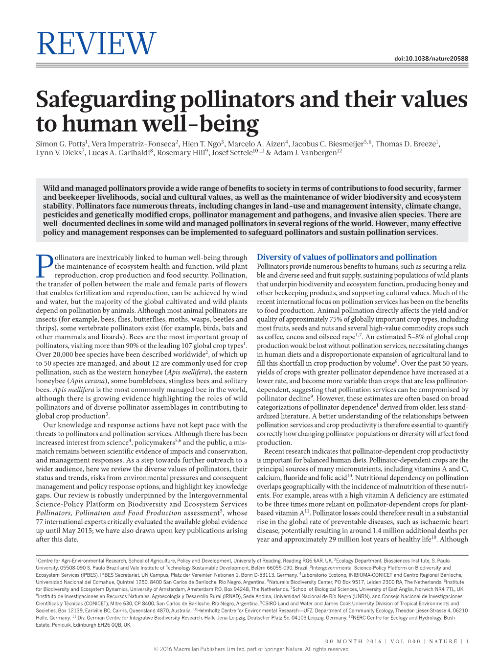 Safeguarding Pollinators and Their Values to Human Well-Being Simon G