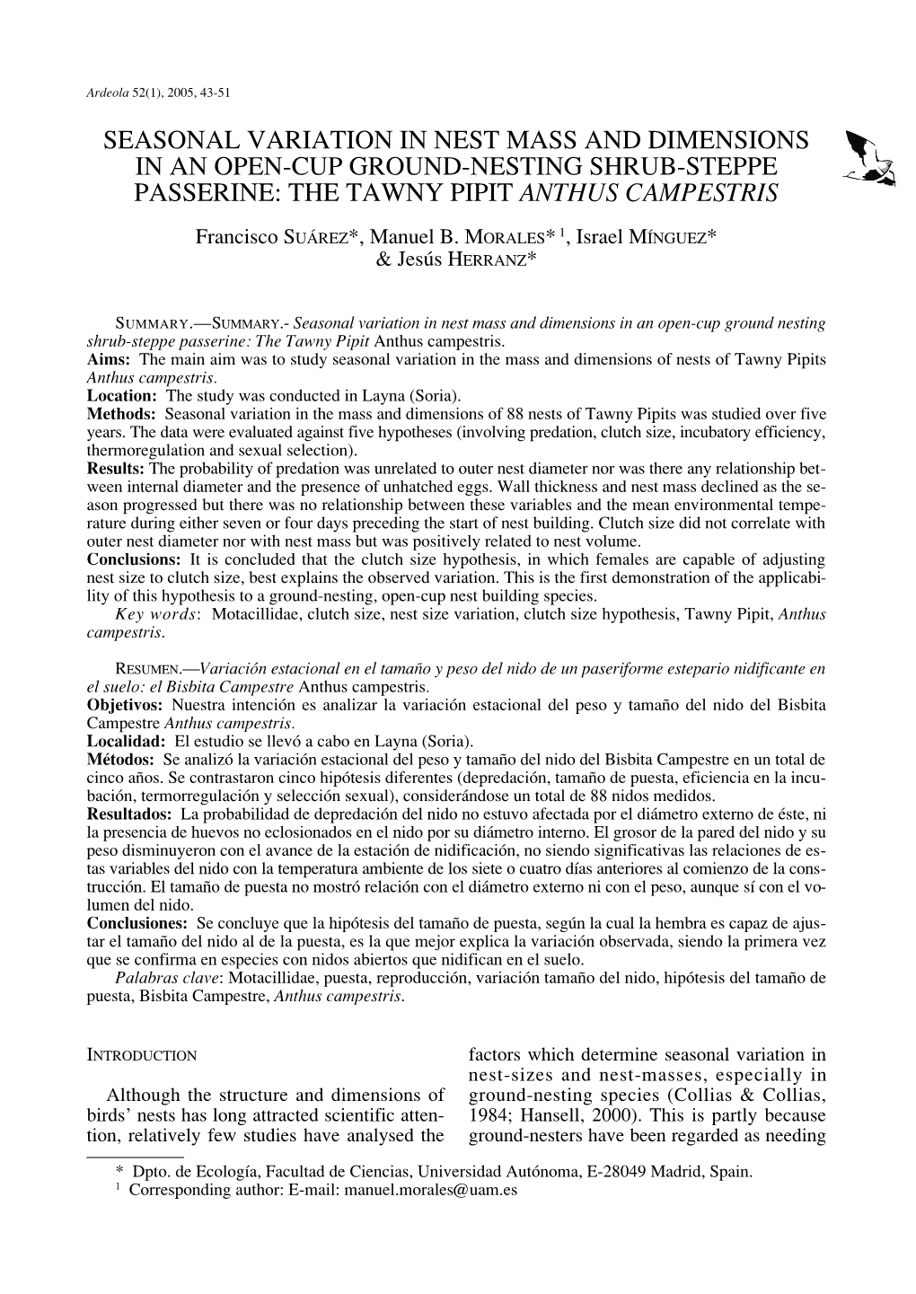 Seasonal Variation in Nest Mass and Dimensions in an Open-Cup Ground-Nesting Shrub-Steppe Passerine: the Tawny Pipit Anthus Campestris