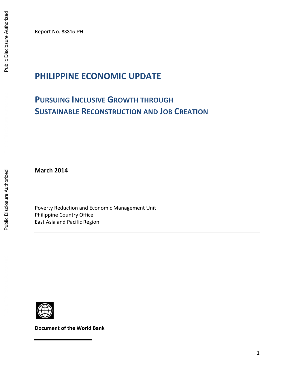Philippine Economic Update Pursuing Inclusive Growth Through Sustainable Reconstruction and Job Creation