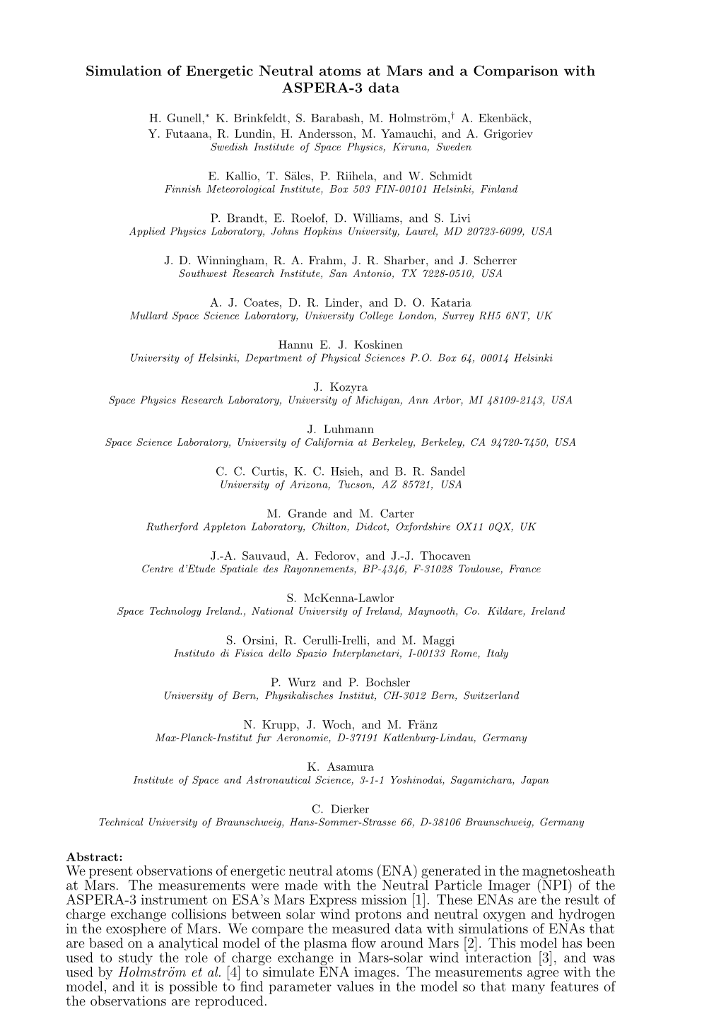 Simulation of Energetic Neutral Atoms at Mars and a Comparison with ASPERA-3 Data