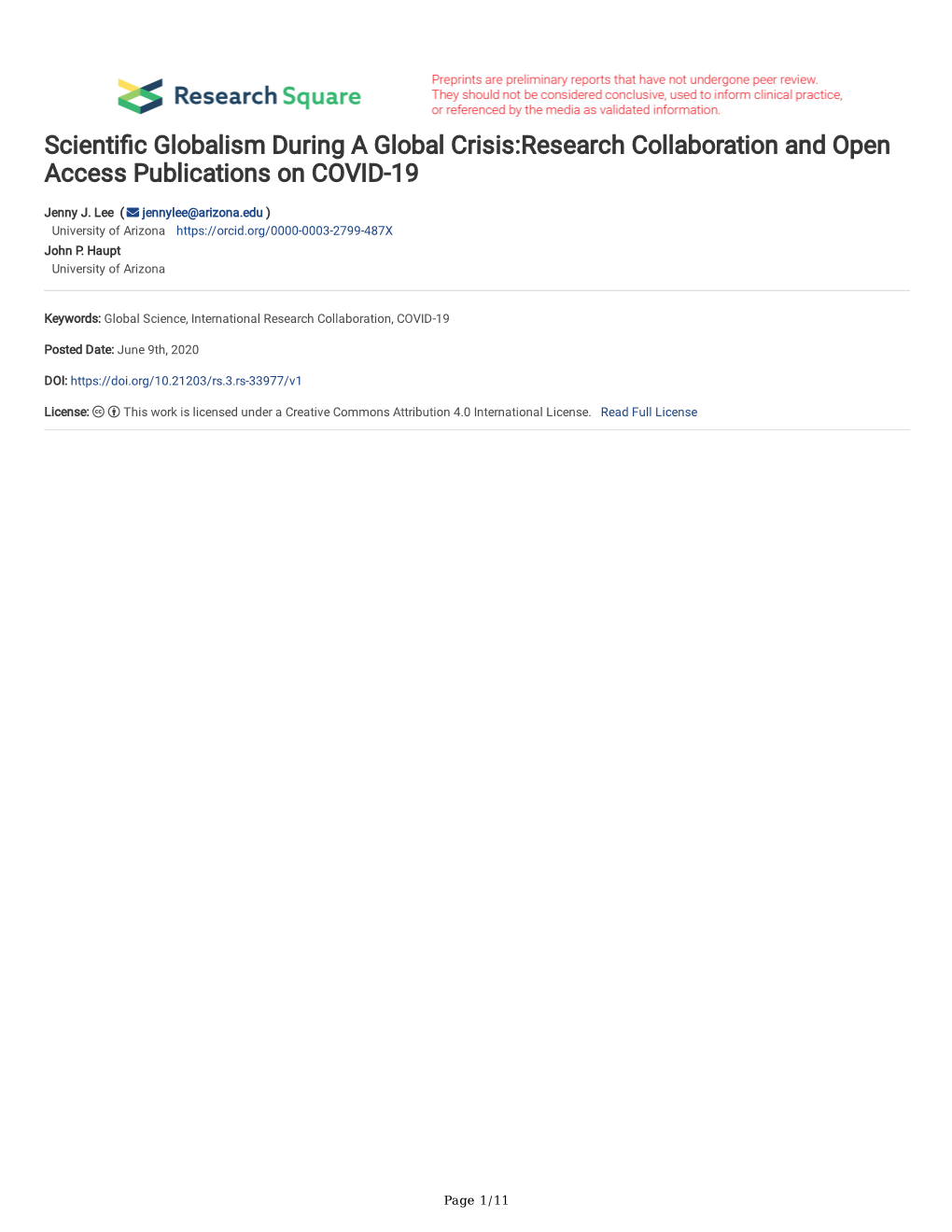 Scienti C Globalism During a Global Crisis:Research Collaboration and Open Access Publications on COVID-19